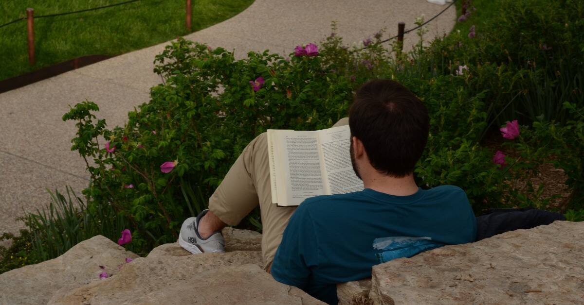 A man sat on some rocks in a park reading a book.