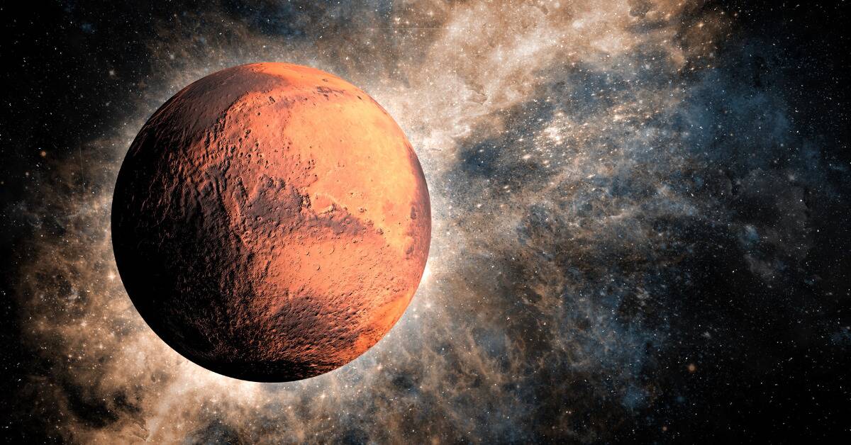A render of mars against a starry, nebular-filled sky.