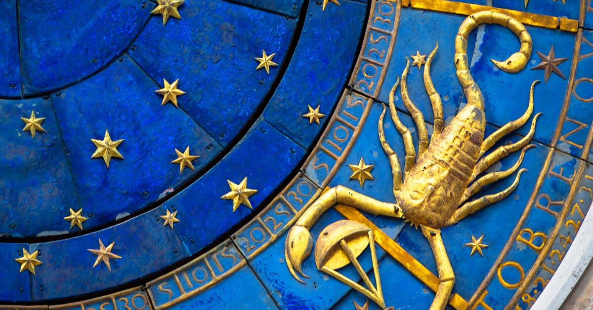 A shot of the scorpion, representing Scorpio, on an astrological clock.