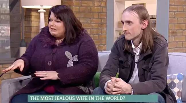 Steve and Debbie on a talk show, discussing their relationship, Debbie gesturing as she speaks.