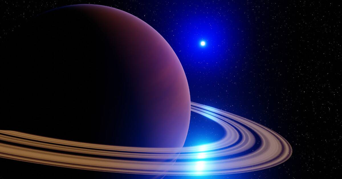 A 3D render of Saturn in front of a bright blue star.
