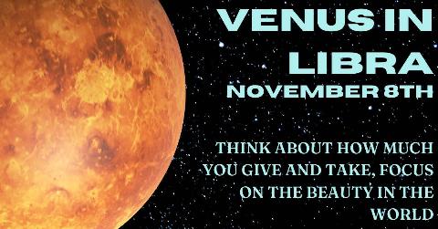 Venus against a starry backdrop with blue text that reads, 