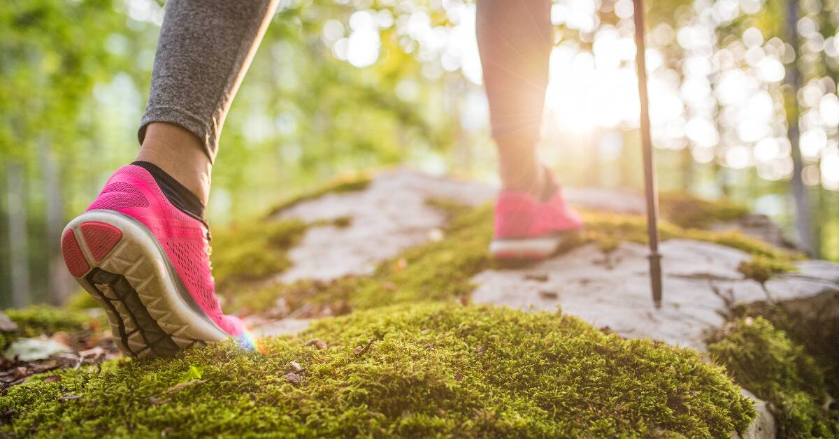 A close shot of someone's neon-pink shoes as they take a step across a moss-covered rock while hiking.