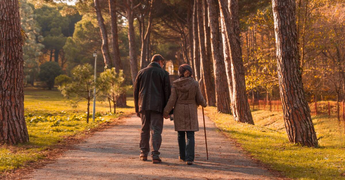 A couple walking down a pathed path among some trees, one walking with a cane.
