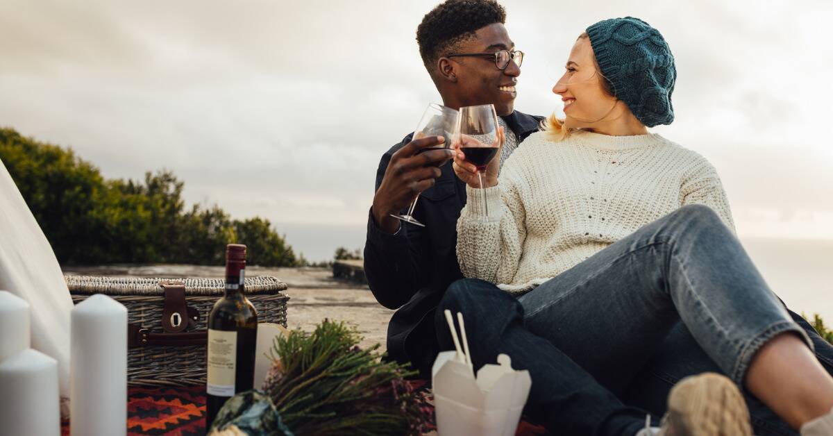 A couple smiling as they cheers two glasses of wine while on a picnic.