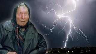 A large lightning strike spreads across the sky above a town. A photo of Baba Vanga with a white glow around her is superimposed on top.