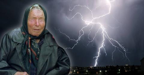 A large lightning strike spreads across the sky above a town. A photo of Baba Vanga with a white glow around her is superimposed on top.