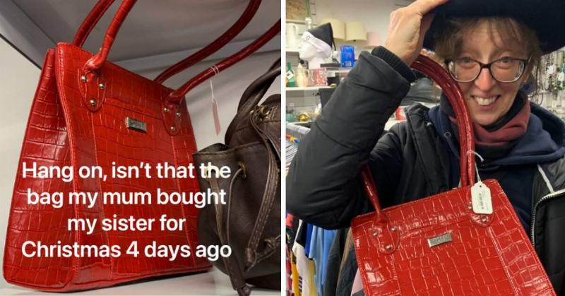 Two photos of the bag in question, one of it on the shelf and one of her mom holding it.