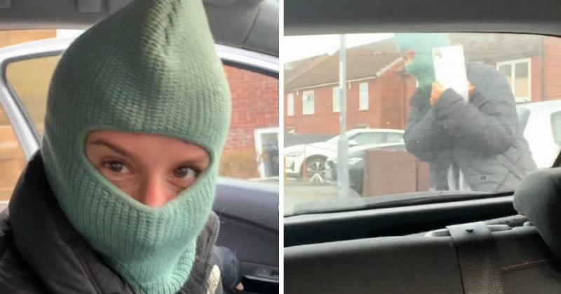 Two photos of Ellie in her balaclava as she delivers the note to her sister.