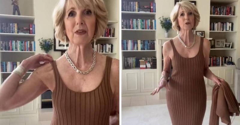 Two photos from Candace's video of her in the brown dress, one with her hand fixing the sleeve and the other further back from the camera so you can see how it fits.