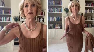 Two photos from Candace's video of her in the brown dress, one with her hand fixing the sleeve and the other further back from the camera so you can see how it fits.
