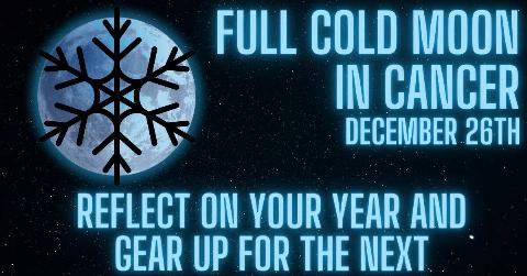 A black starry background, atop is is a glowing black moon with the shadow of a snowflake on it. There's glowing blue text that reads, 