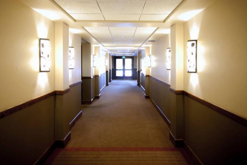 A look down a hotel hallway.