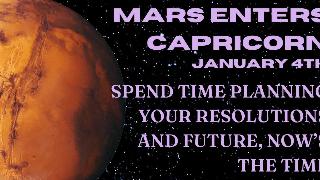 Mars on top of a starry background with light purple text that reads, 