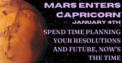 Mars on top of a starry background with light purple text that reads, 