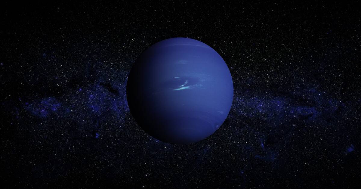 A render of Neptune in space against a starry sky.