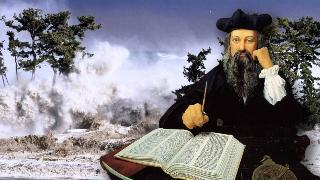 Tsunami waves hitting the coast of Minamisoma in Fukushima prefecture in 2011. On top is a superimposed portrait of Nostradamus writing in a large book.