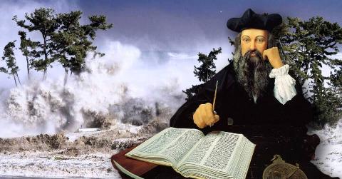Tsunami waves hitting the coast of Minamisoma in Fukushima prefecture in 2011. On top is a superimposed portrait of Nostradamus writing in a large book.