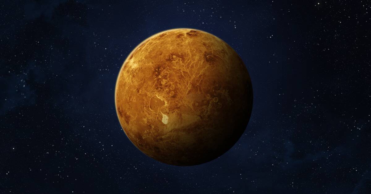 Planet Venus against a blue starry backdrop.