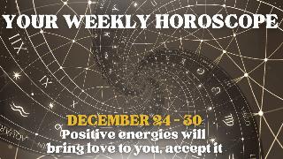 A black and gold spiraling background with geometric shapes, symbols, and the names of zodiac signs Intermixed. There's text on top that reads, 