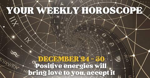 A black and gold spiraling background with geometric shapes, symbols, and the names of zodiac signs Intermixed. There's text on top that reads, 