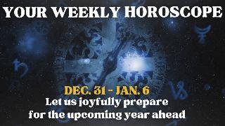 A blue clock/space background with astrology symbols. There's text that reads, 