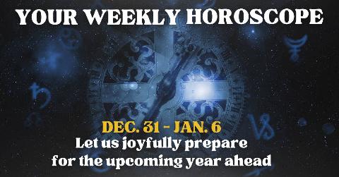 A blue clock/space background with astrology symbols. There's text that reads, 