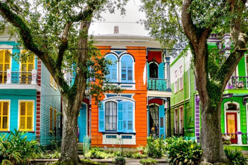Three brightly colored homes in New Orleans.