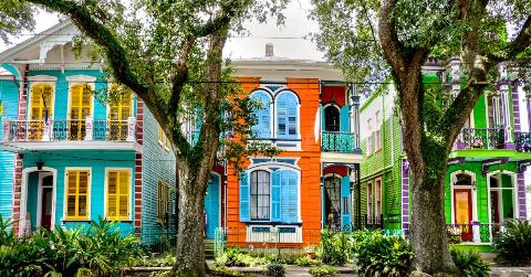 Three brightly colored homes in New Orleans.