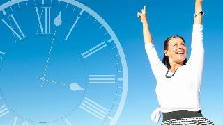 A woman standing outside, arms thrown up in victory. Next to her is a large, semi-transparent clock graphic with roman numerals.