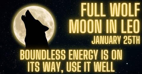 A yellow moon with the silhouette of a howlingh moon in front of it. THere's glowing yellow text that reads, 