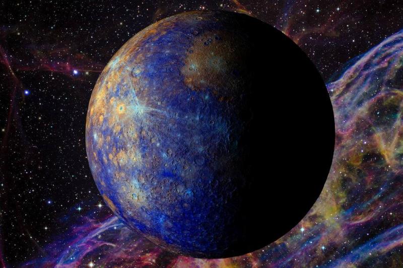 A colorful render of planet Mercury against a starry, colorful, galaxy backdrop.
