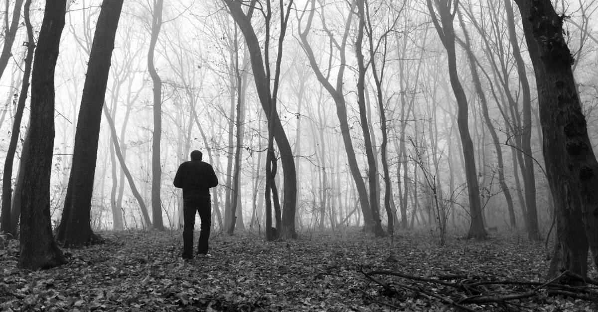 A greyscale image of a man walking through a forest.