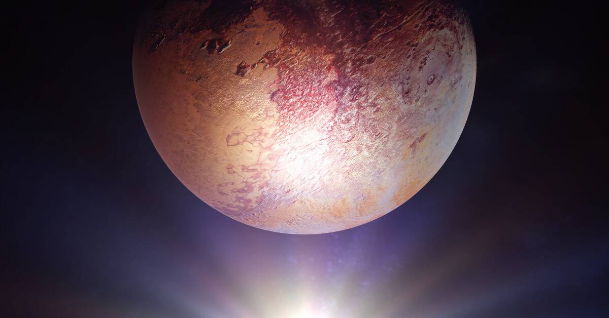 A render of Pluto in space, a bright source of light shining on it from the bottom.