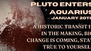 A close zoom of Pluto against a starry background with some text atop that reads, 