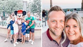 On the left is a photo of the Craig family taking a photo with Mickey Mouse at a Disney resort. On the right is a photo of Matt and Charity together.