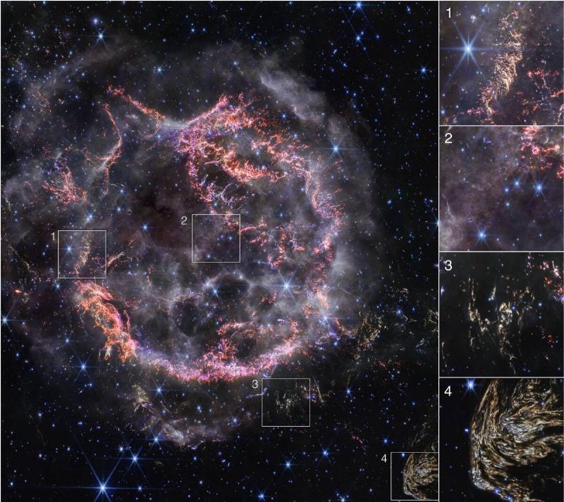 NASA's latest photo of Cassiopeia A with a few sections highlighted, numbered, and zoomed in on in boxes on the right side.