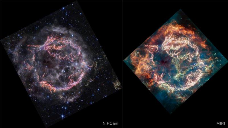 NASA's latest photo of Cassiopeia A next to their previous photo taken by MIRI, which shows off much more green and orange tones.