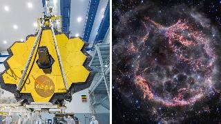 A photo of the James Webb Space Telescope when it was still being worked on. | NASA's latest photo of Cassiopeia A taken by the James Webb Space Telescope.