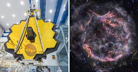 A photo of the James Webb Space Telescope when it was still being worked on. | NASA's latest photo of Cassiopeia A taken by the James Webb Space Telescope.