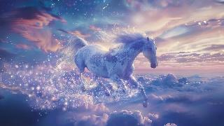 An ethereal image of a white horse galloping through a mystical, colorful sky, sparkles coming off behind it.