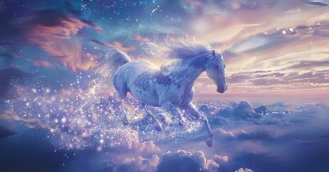 An ethereal image of a white horse galloping through a mystical, colorful sky, sparkles coming off behind it.