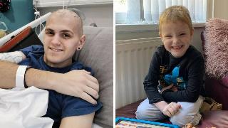 Side by side photos, one of Rhys and one of Jacob. Rhys with his head shaven, laying in a hospital bed, then Jacob kneeling on an ottoman, smiling brightly at the camera.