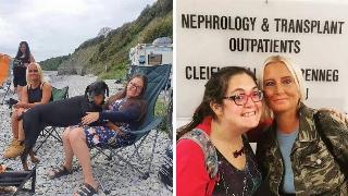 Lucy and Katie sitting in foldout chairs on the beach, Indie the doberman half in Lucy's lap. | Lucy and Katie standing in front of the Nephrology & Transplants Outpatients division sign.