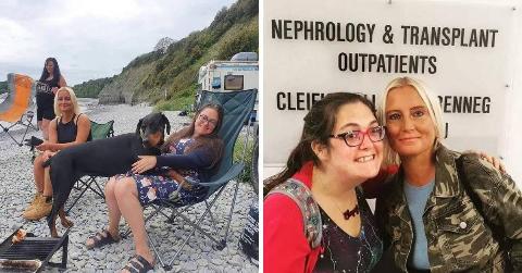 Lucy and Katie sitting in foldout chairs on the beach, Indie the doberman half in Lucy's lap. | Lucy and Katie standing in front of the Nephrology & Transplants Outpatients division sign.