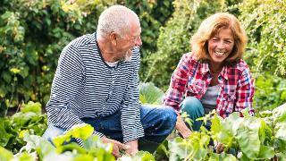 A couple smiling and chatting as they're crouched down gardening.