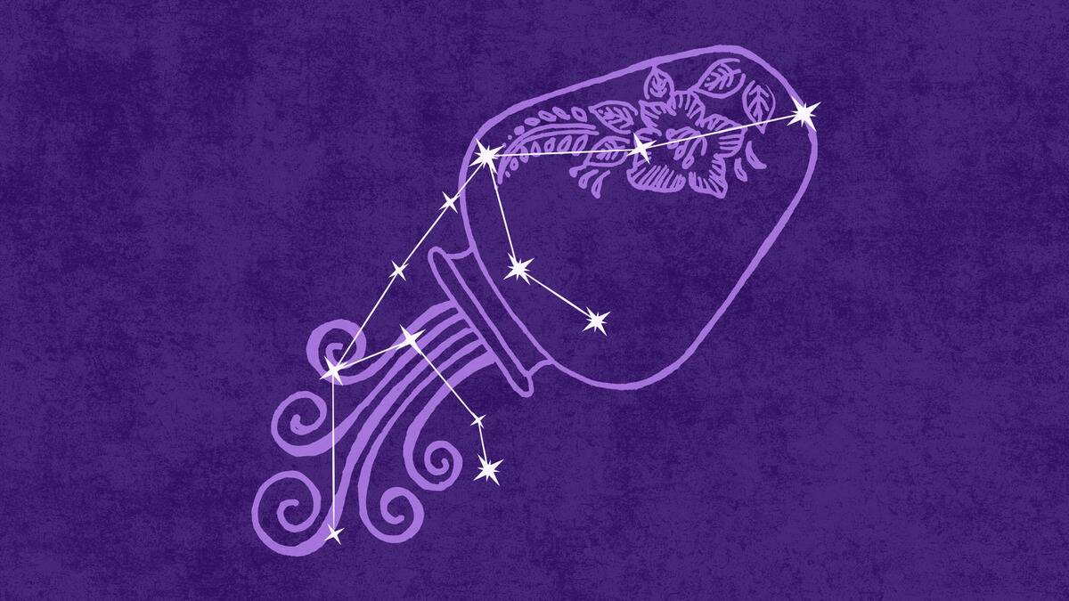 On a dark purple textured background is a light purple illustration of an urn tilted and pouring out water. Atop that is an off-white  graphic depicting the Aquarius constellation.