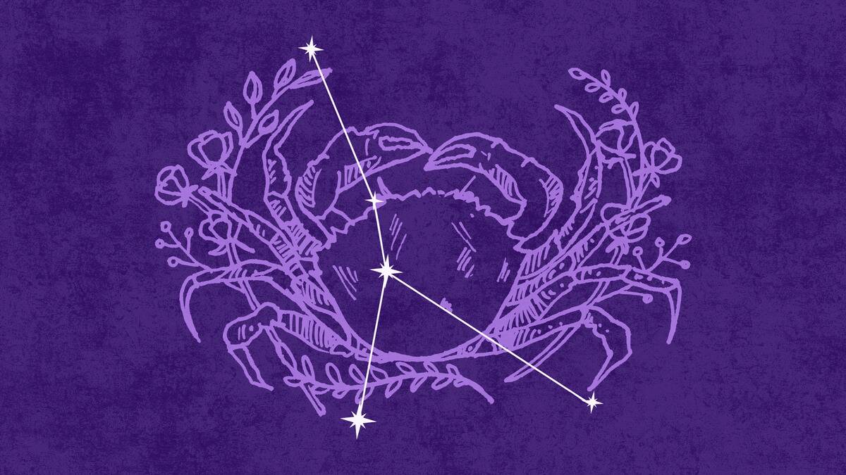  On a dark purple textured background is a light purple illustration of a crab. Atop that is an off-white  graphic depicting the Cancer constellation.  