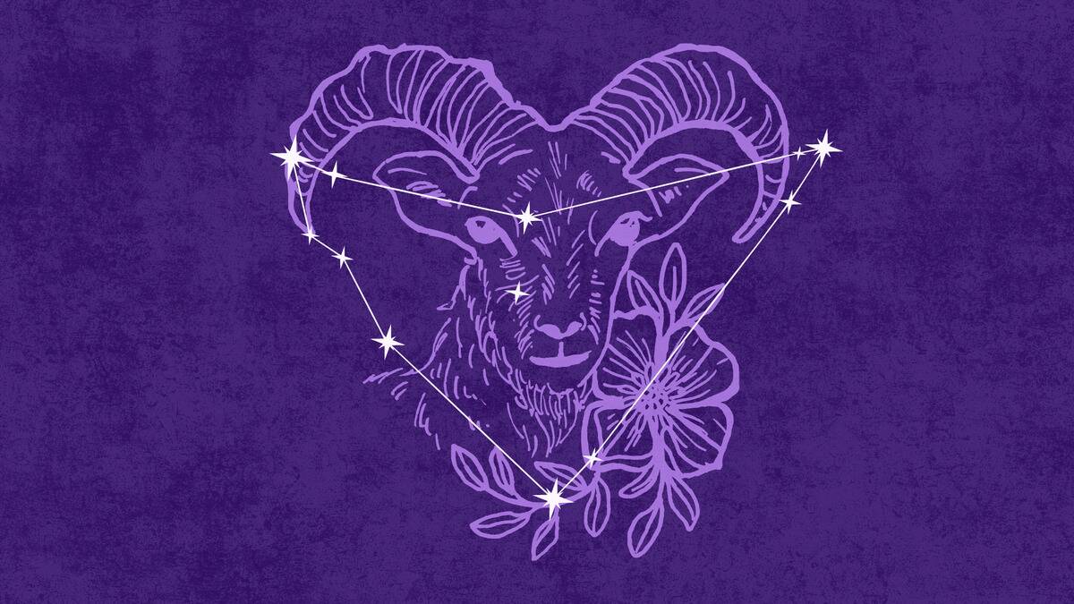 On a dark purple textured background is a light purple illustration of a goat head with a flower accent. Atop that is an off-white 
graphic depicting the Capricorn constellation.