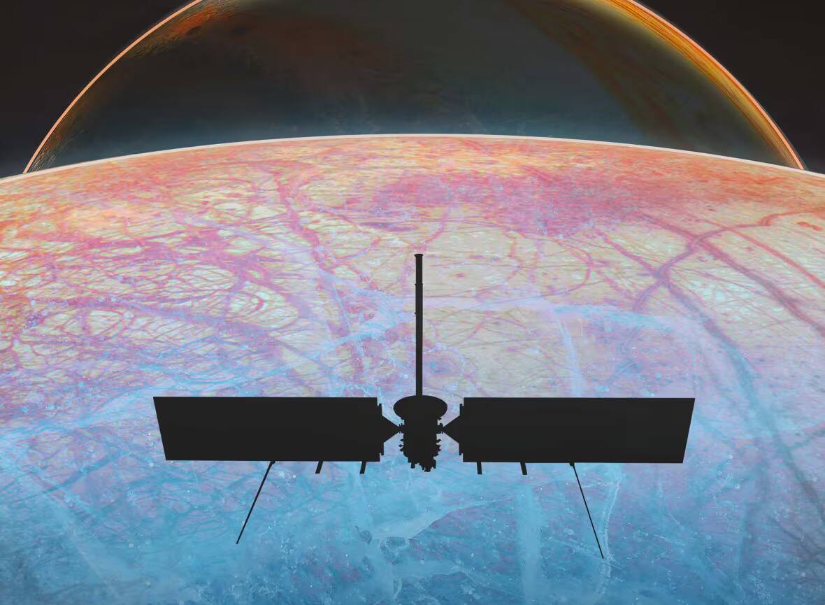 A render of the Europa Clipper above the colorful surface of Europa.